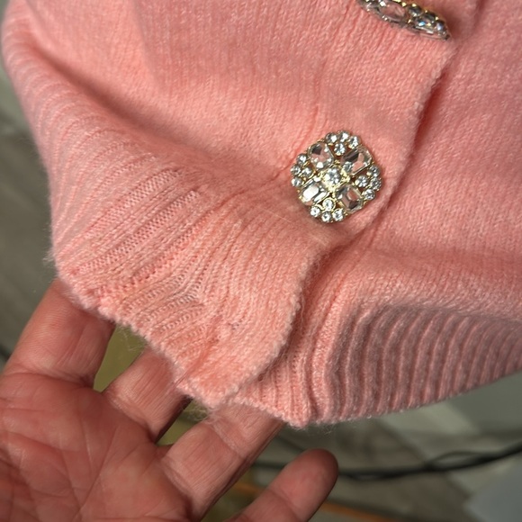 CeCe Crystal Embellished Two-Way Pink Snuggly Soft Knit Cardigan Sweater Sz XS - Picture 9 of 15
